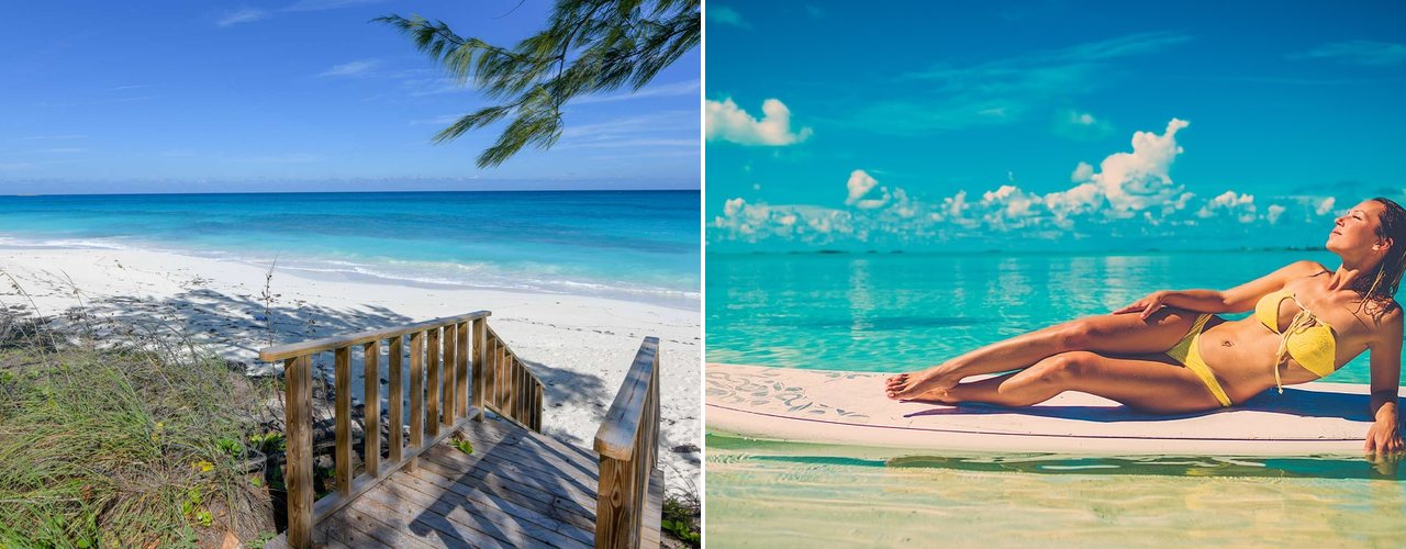 A boardwalk down to a white-sand beach and sunbathing on a paddleboard, Exuma