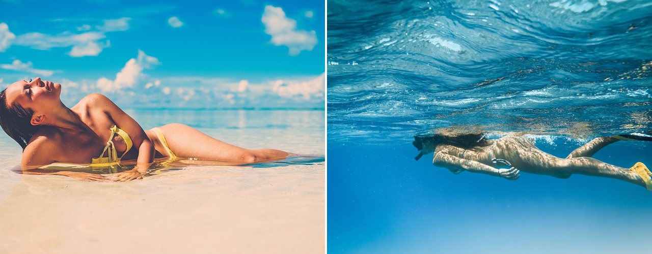 Relaxing on the sand and swimming in clear water, Exuma