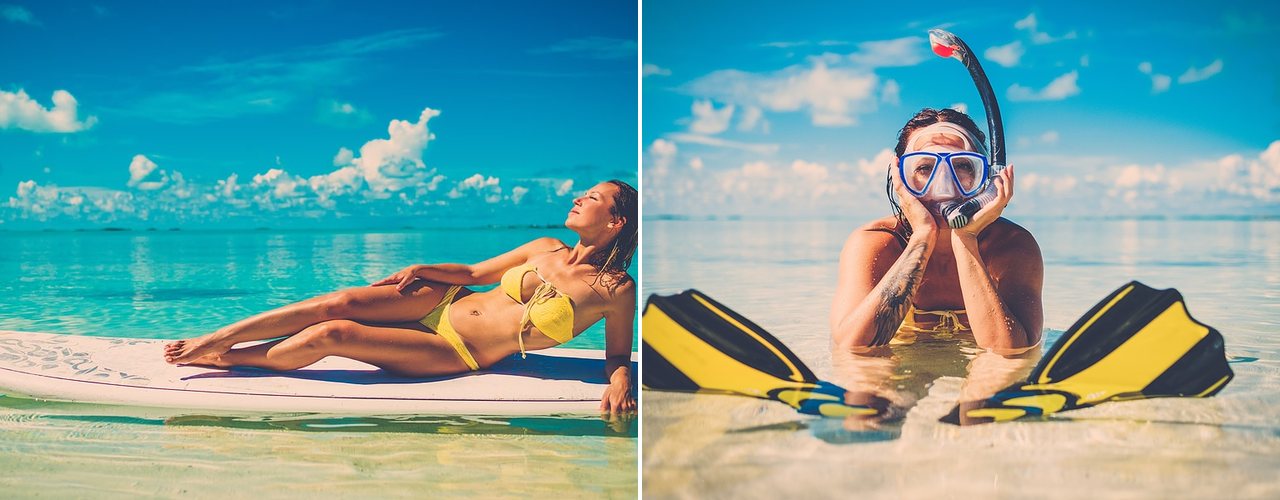 Sunbathing on a paddleboard and snorkelling in turquoise water, Exuma